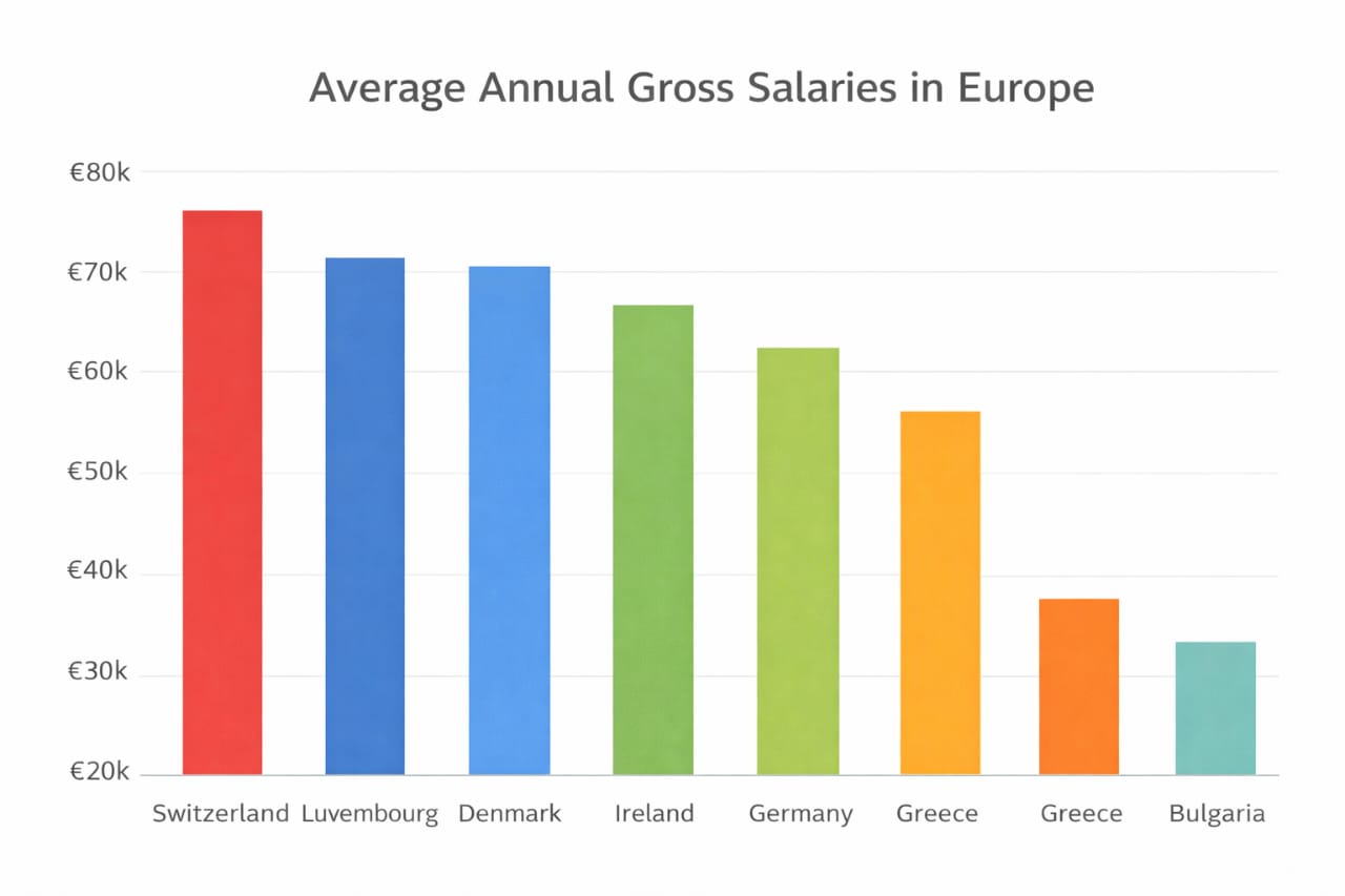 Salaries, Cost of Living & Work-Life Balance in Europe illustrated with European city skyline and professionals