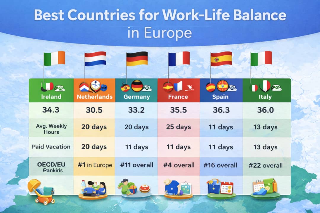 Best work-life balance countries in Europe comparison infographic