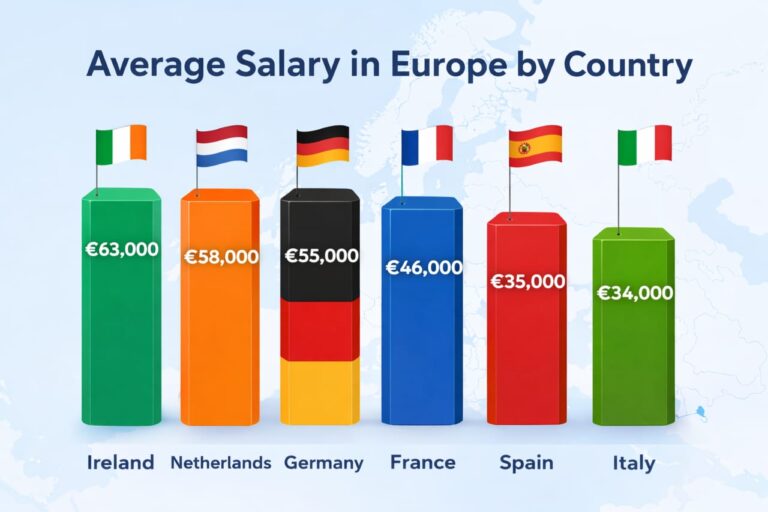 Average Salary in Europe by Country comparison chart across Ireland Netherlands Germany France Spain and Italy