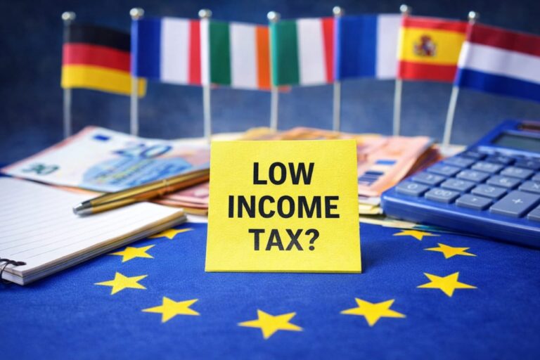 Lowest income tax in Europe comparison with EU flag calculator and euro banknotes