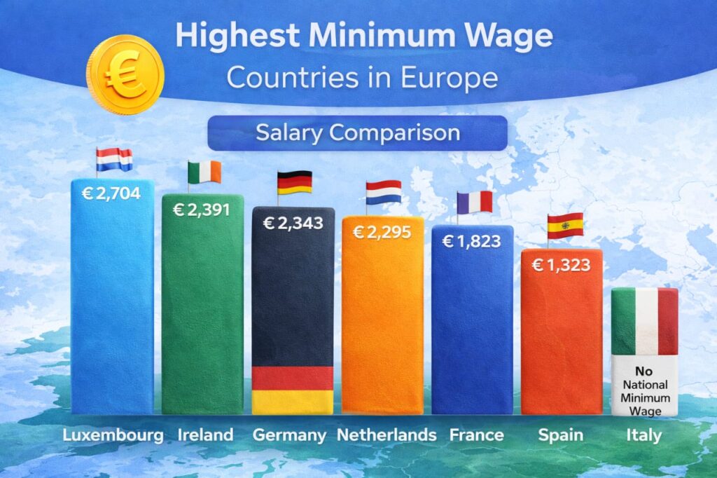 Highest minimum wage countries in Europe salary comparison
