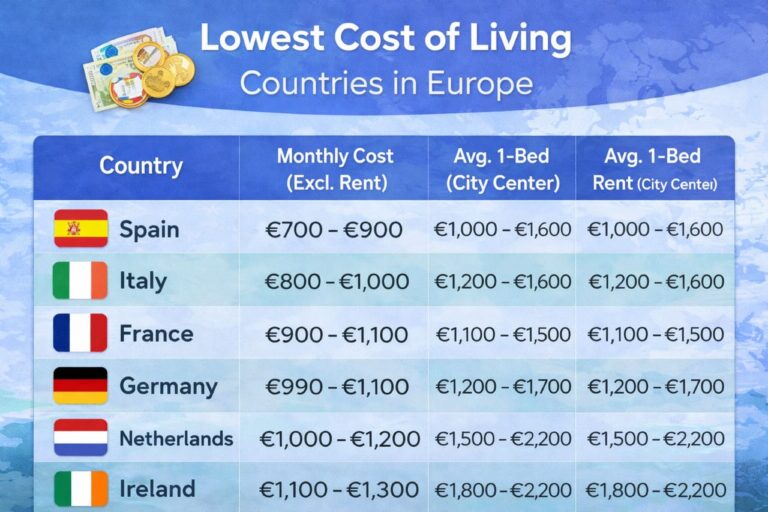 Lowest cost of living countries in Europe comparison of rent and monthly living expenses