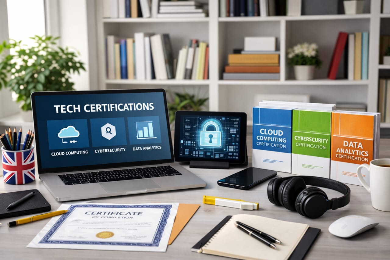 best tech certifications for remote jobs UK cloud cybersecurity data training modern workspace setup