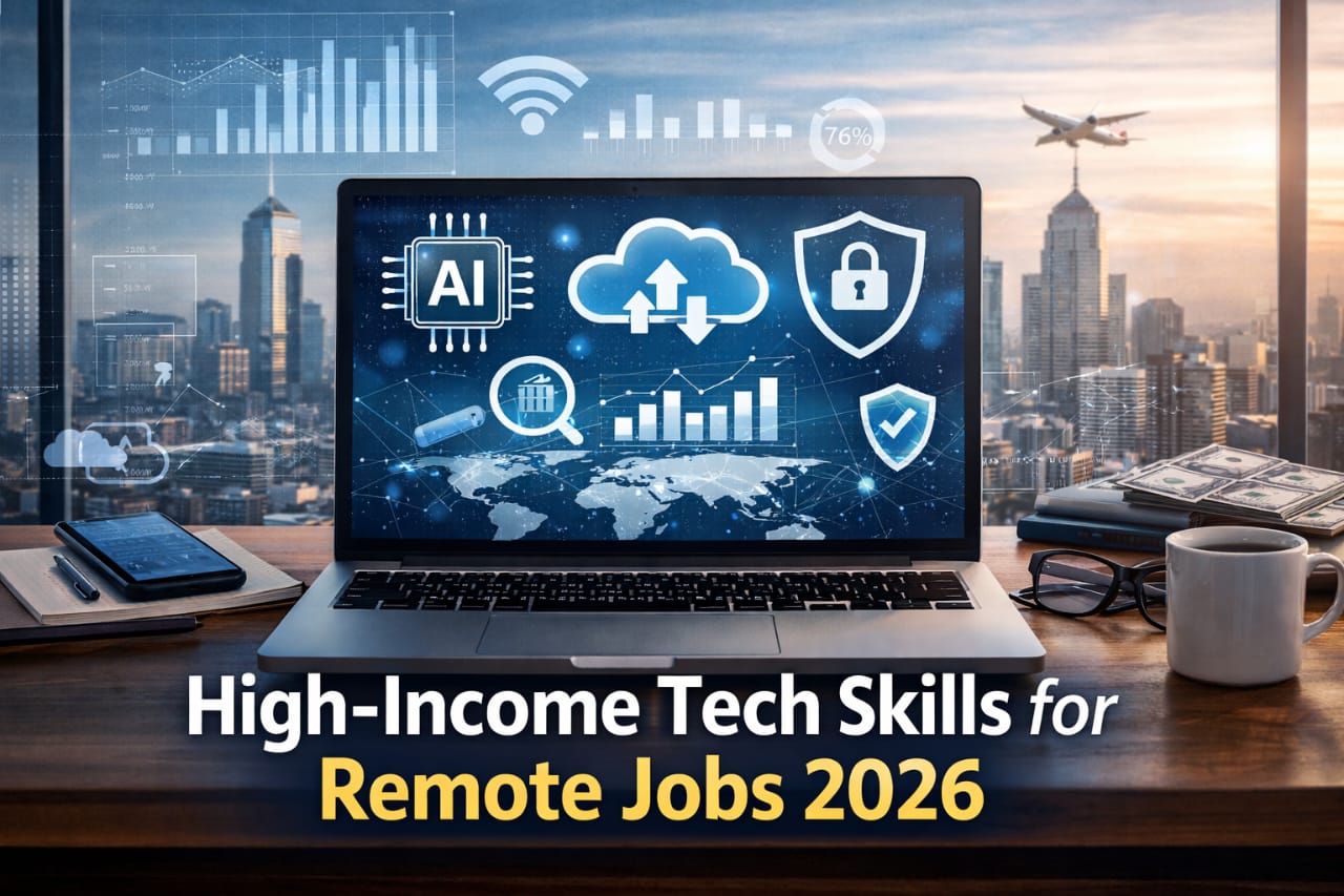 high-income tech skills for remote jobs including AI cloud computing and data analytics workspace