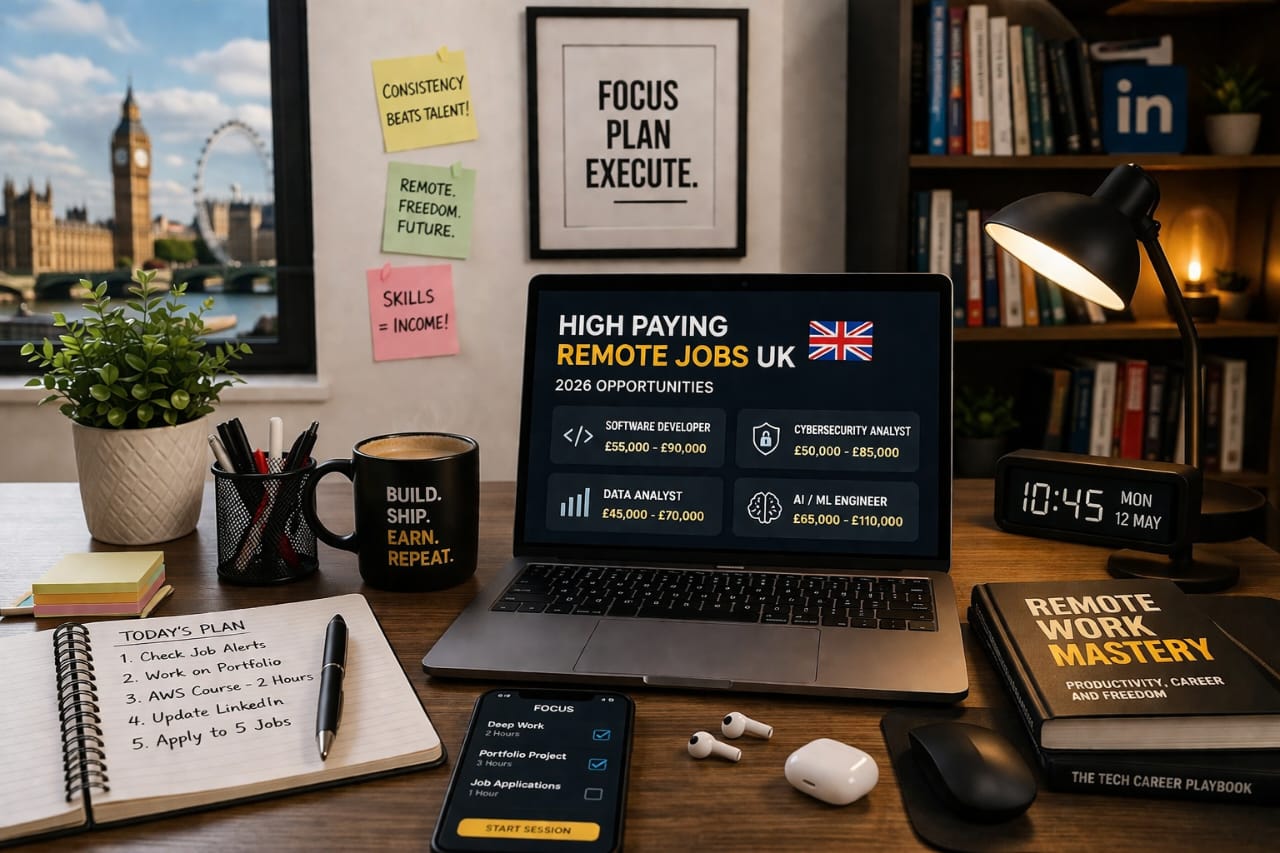 Best high paying remote jobs UK workspace setup with laptop and digital productivity tools