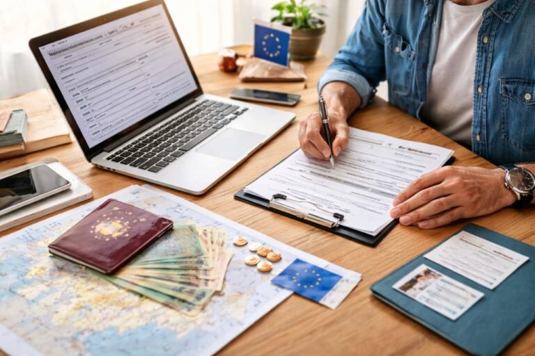 opening a bank account in Europe as a foreigner using a laptop and documents