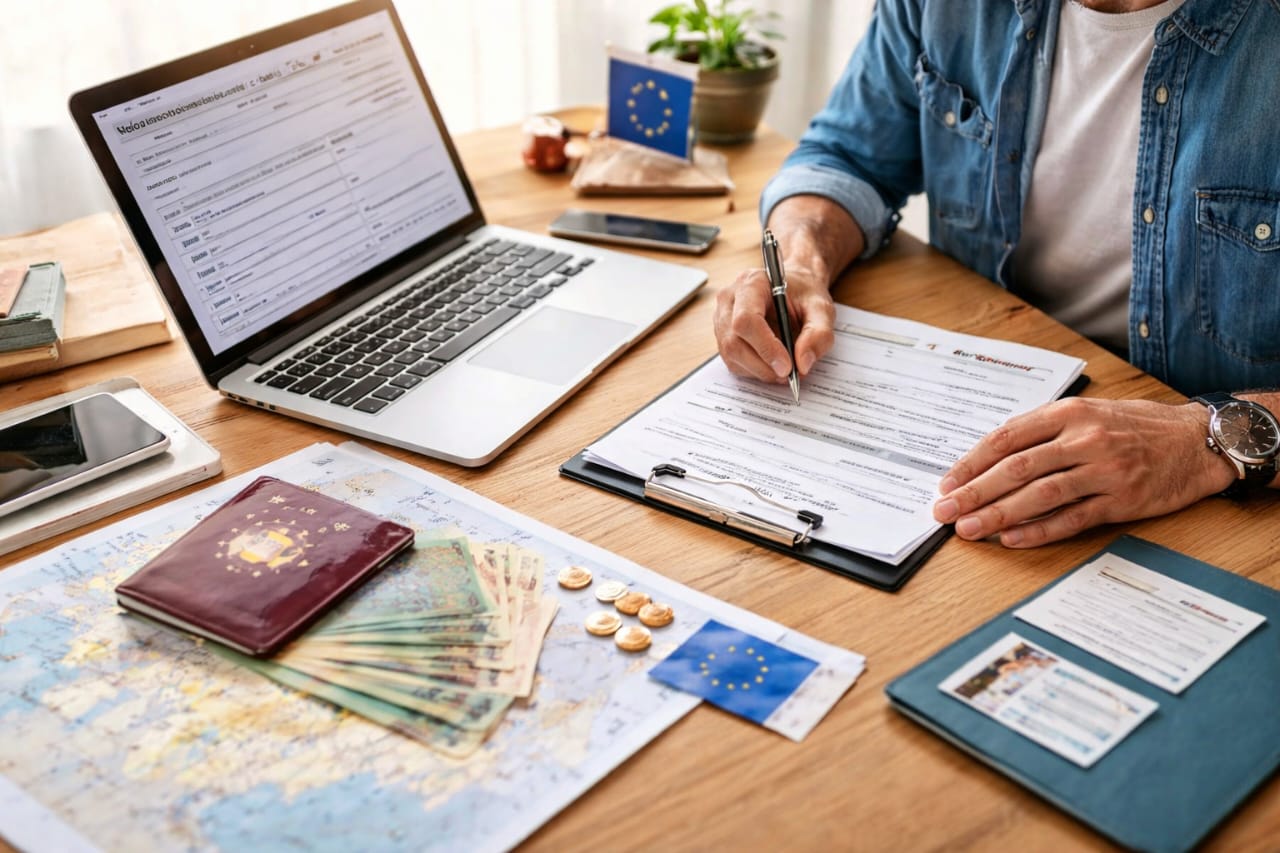 opening a bank account in Europe as a foreigner using a laptop and documents