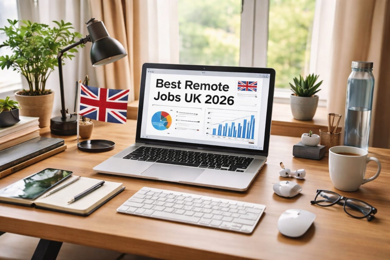 remote jobs workspace for UK professionals working from home laptop setup