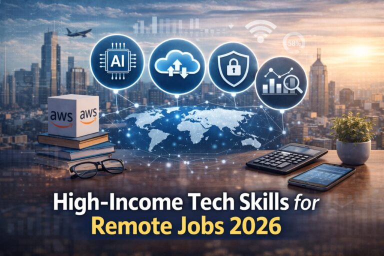 high-income tech skills for remote jobs including AI, cloud computing and data analytics workspace