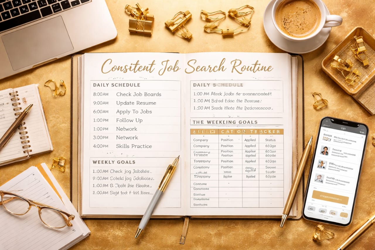 how to stay consistent while job hunting remote jobs beginner daily workflow planner remote work focus gold silver theme