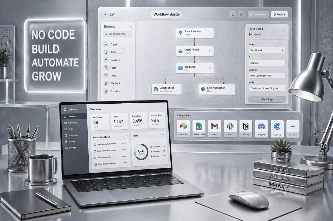 high income tech skills for remote jobs no code tools workflow automation system drag and drop interface remote work clean silver tech environment