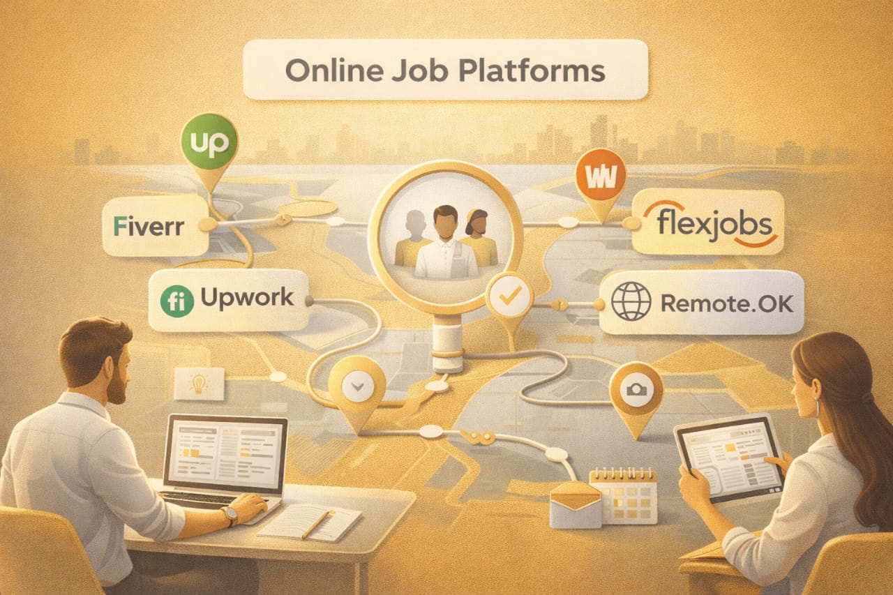 best websites to find remote jobs for beginners online job platforms navigation remote work opportunities visual map gold silver design