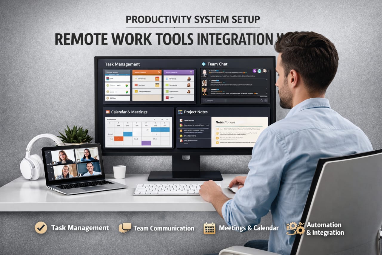 productivity system setup remote work tools integration workflow organized workspace