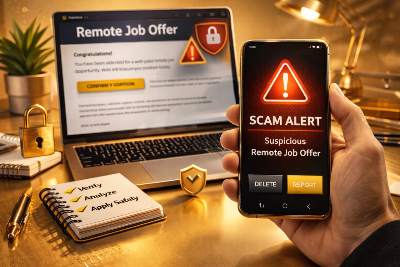 remote job scams to avoid remote job scam warning suspicious message phone alert workspace gold silver security setup