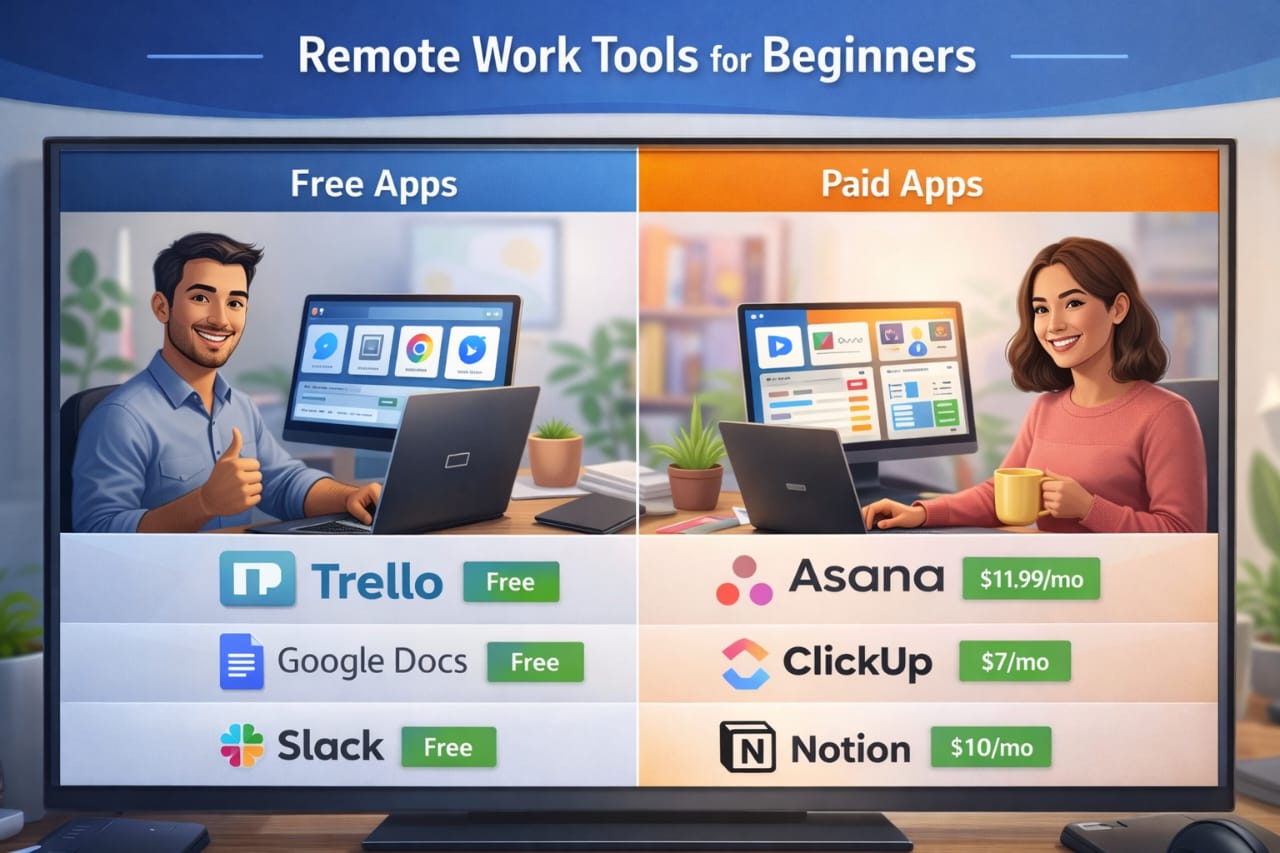 remote work tools for beginners free and paid apps comparison productivity software interface