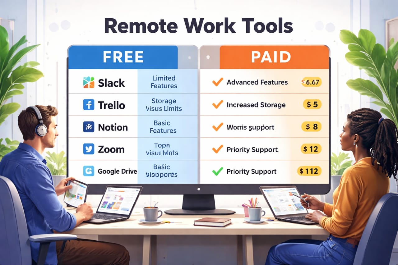free vs paid remote work tools comparison dashboard pricing features collaboration apps workspace