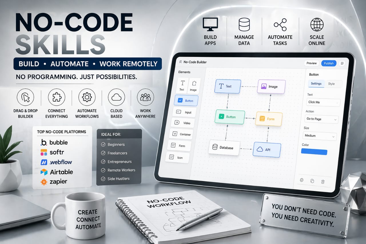 no-code tech skills for remote jobs visual no-code platform builder drag and drop interface remote work system clean silver modern design